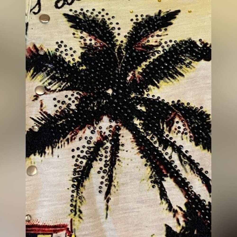 Onque Casuals tropical zip 3/4 sleeve shirt jacket rhinestone palm trees L - Picture 4 of 11